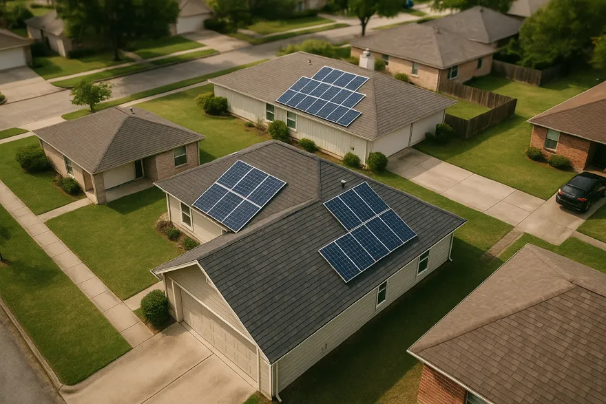 Aerial view of a suburban block with several solar roofs