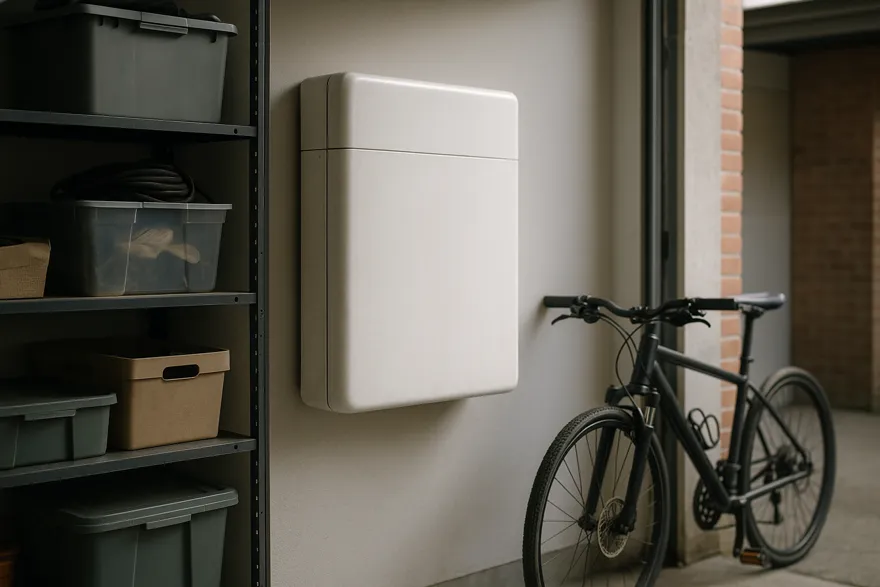 Wall-mounted home battery unit in a tidy garage