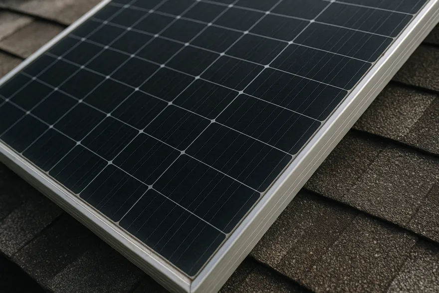 Solar panel surface showing cell grid and aluminum frame on a roof