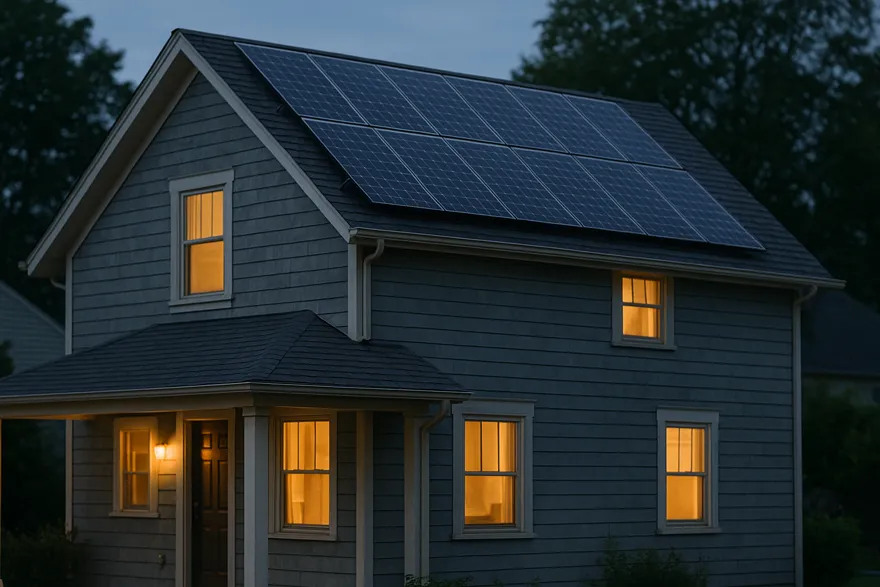 House at dusk with rooftop solar and warm window lights