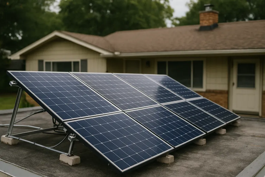 Tilted solar racking on a flat roof section of a ranch home