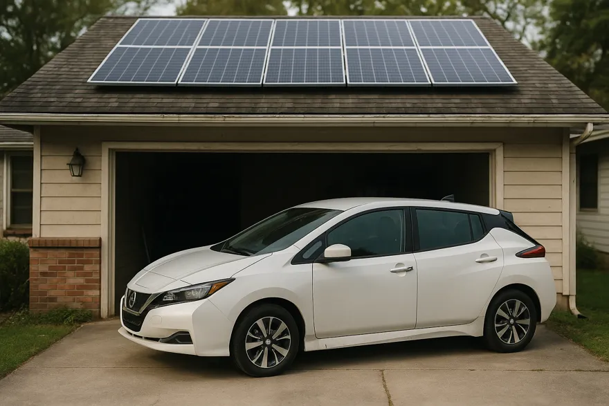 Electric car in a driveway with solar panels on the roof above