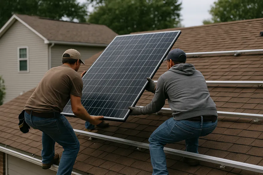 Installers positioning a panel onto roof mounting rails