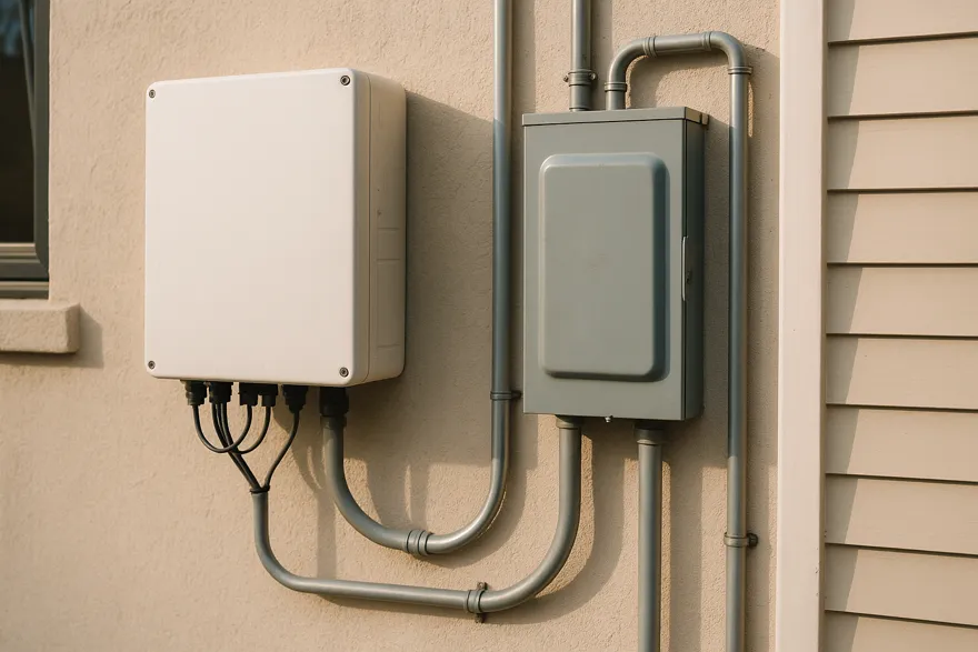 String inverter on an exterior wall beside the service panel
