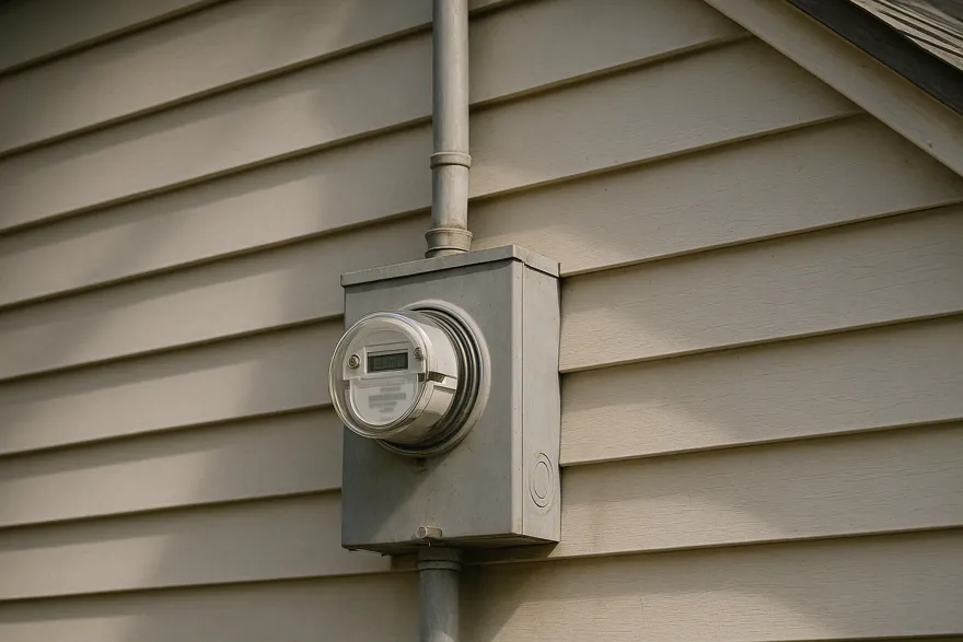 Residential utility meter with conduit running toward the roof