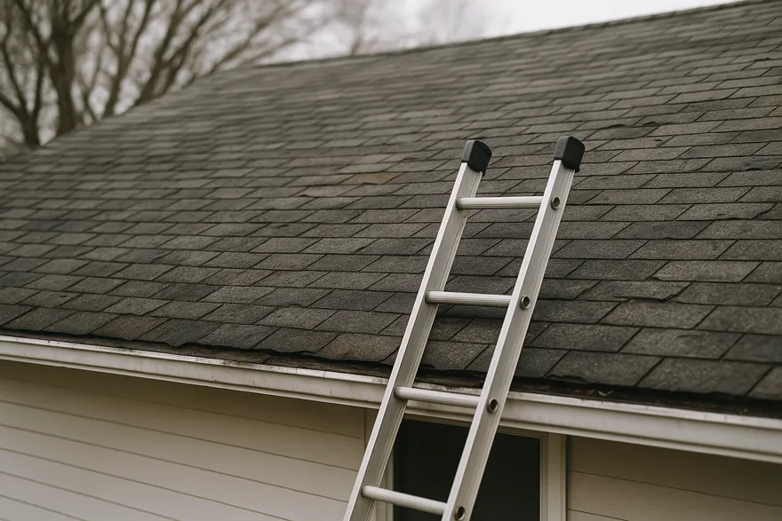 Aging shingle roof with a ladder against the gutter, pre-install