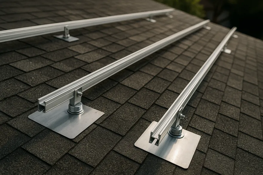 Mounting rails and flashing bolted to a shingle roof before panels