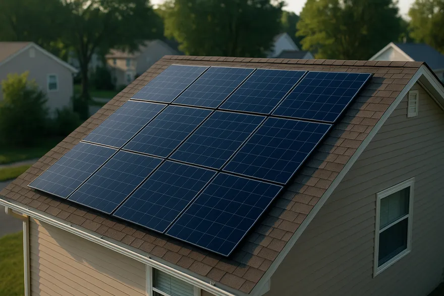 Rooftop solar array in a clean grid on an asphalt shingle roof