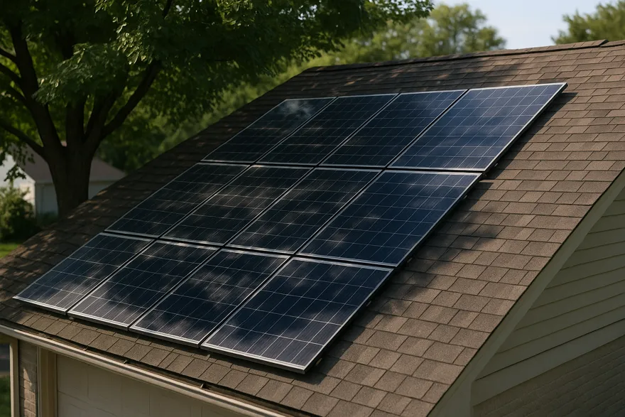 Partial tree shade falling across a rooftop solar array