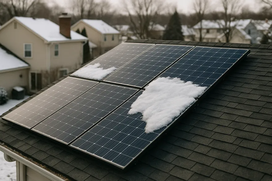Rooftop panels shedding light snow in a northern suburb