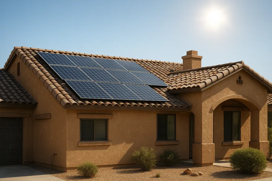 Clay tile roof with a solar array under strong southwestern sun