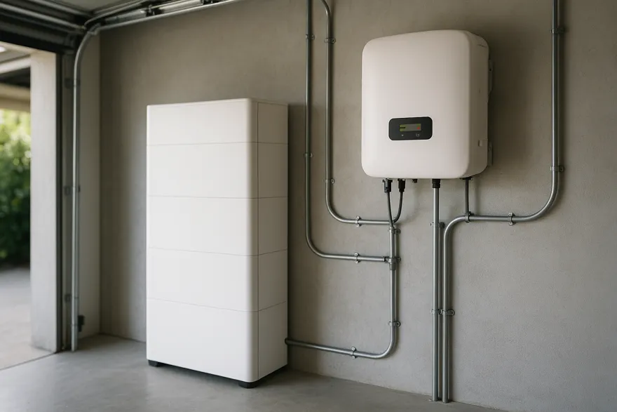 Home battery and inverter mounted on a garage wall with conduit